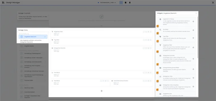 Choix des widgets de la vue d’ensemble des offres avec repères A à H