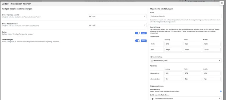 Sélection du design, modèle, liste des widgets et modification de widget ouverte