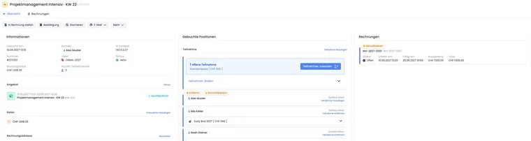 Détails de la réservation avec état, contact, participations, facture, solde et actions