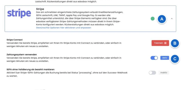 Vue réelle des systèmes de paiement edoobox avec facture, PayPal, Stripe et Worldline, sans identifiants d’accès visibles.