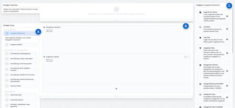 Vue réelle du Design Manager edoobox avec sélection du design, zones de modèles, espace de travail et sélection de widgets.