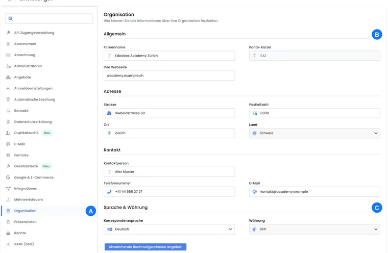 Vue réelle des paramètres d’organisation edoobox avec adresse, pays Suisse, langue de correspondance allemand et devise CHF.