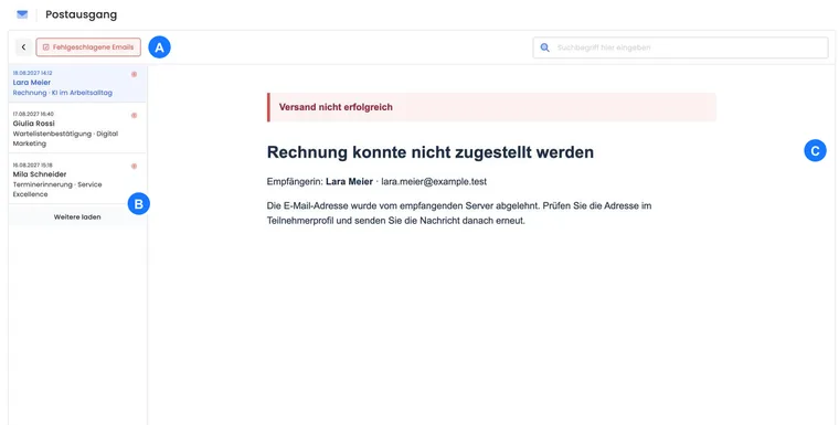 Véritable boîte d’envoi edoobox filtrée sur les e-mails ayant échoué, avec un message sélectionné et son aperçu utilisant des données de démonstration neutres de 2027.