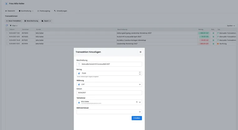 Transactions dans le profil utilisateur de l’interface edoobox avec des transactions de démonstration et le formulaire ouvert d’ajout d’une transaction manuelle.